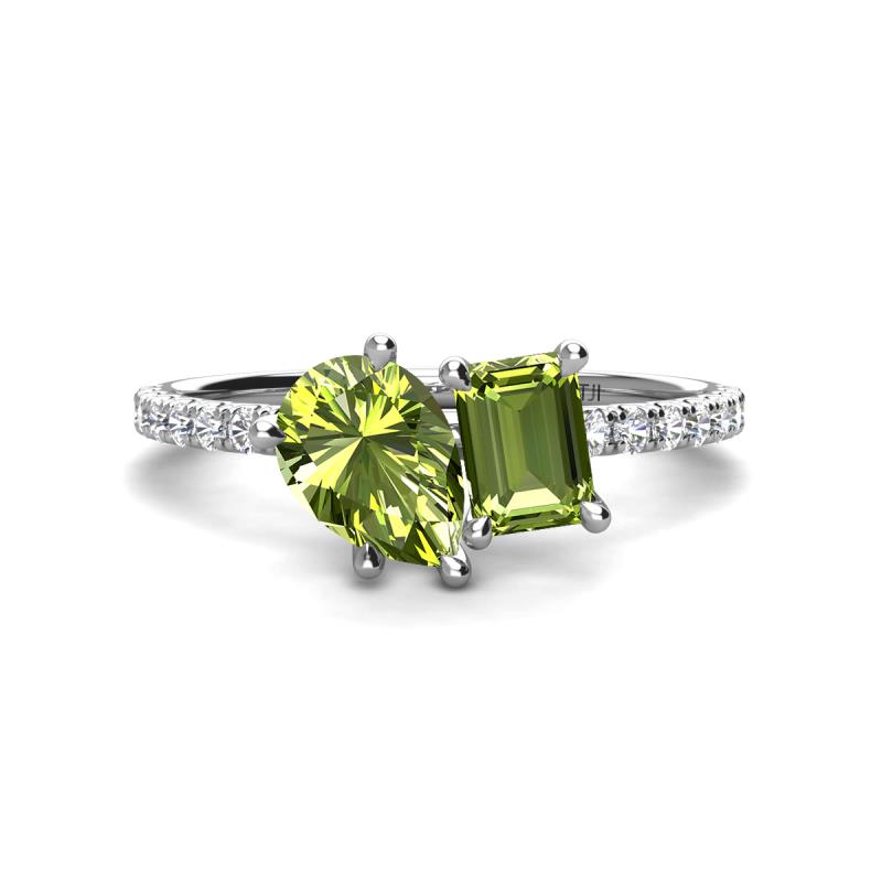 Zahara 9x6 mm Pear and 7x5 mm Emerald Cut Peridot 2 Stone Duo Ring 