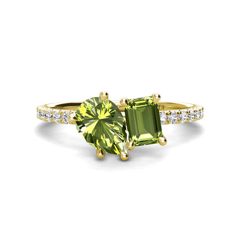 Zahara 9x6 mm Pear and 7x5 mm Emerald Cut Peridot 2 Stone Duo Ring 