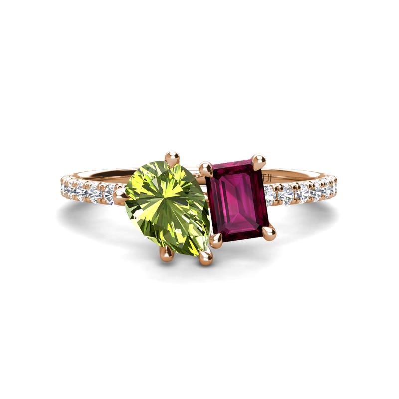 Zahara 9x6 mm Pear Peridot and 7x5 mm Emerald Cut Rhodolite Garnet 2 Stone Duo Ring 