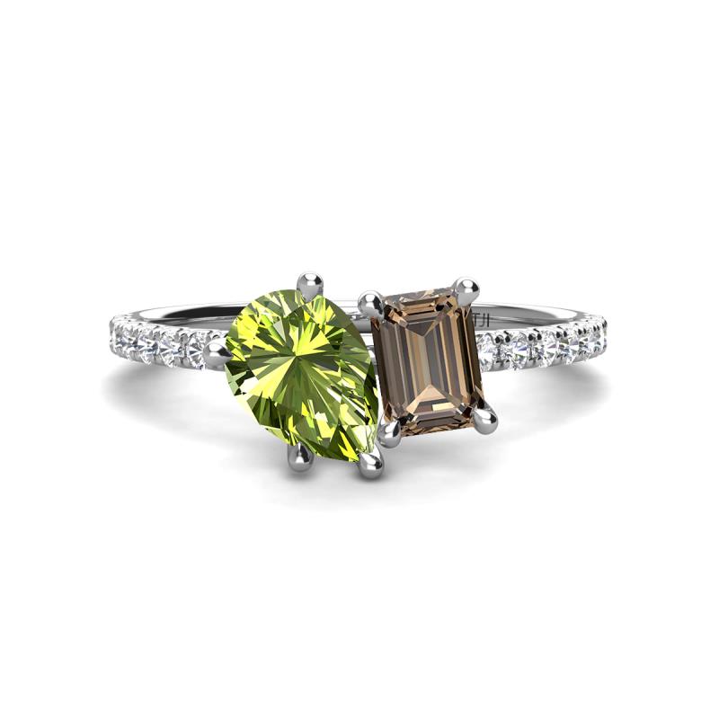 Zahara 9x6 mm Pear Peridot and 7x5 mm Emerald Cut Smoky Quartz 2 Stone Duo Ring 