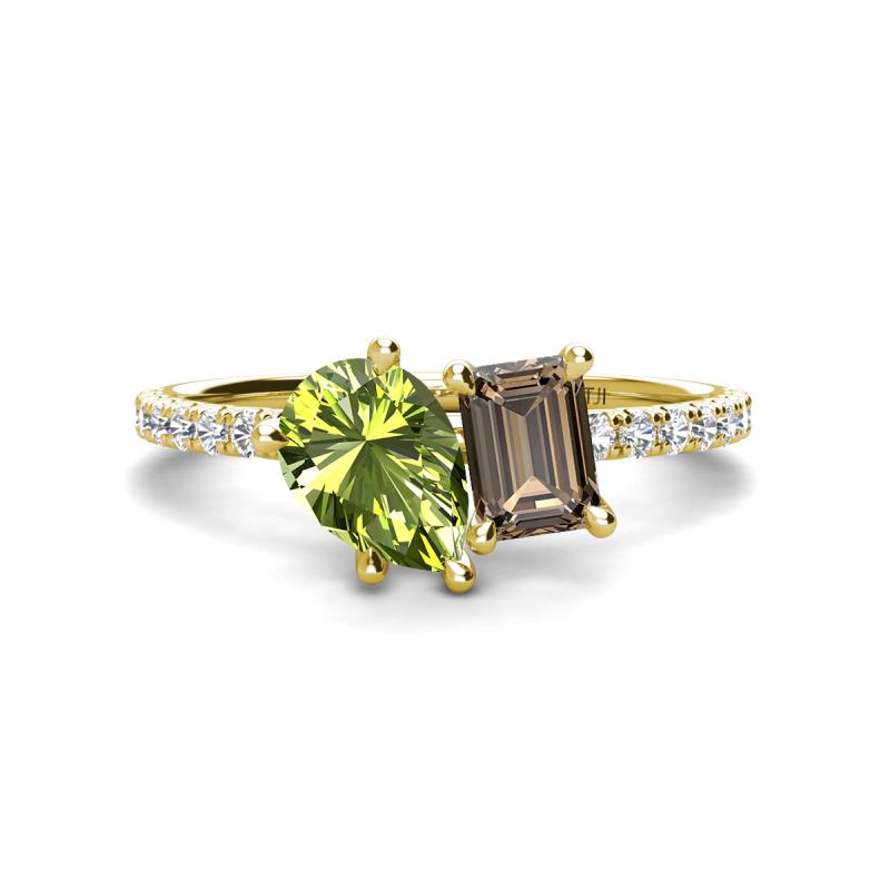 Zahara 9x6 mm Pear Peridot and 7x5 mm Emerald Cut Smoky Quartz 2 Stone Duo Ring 