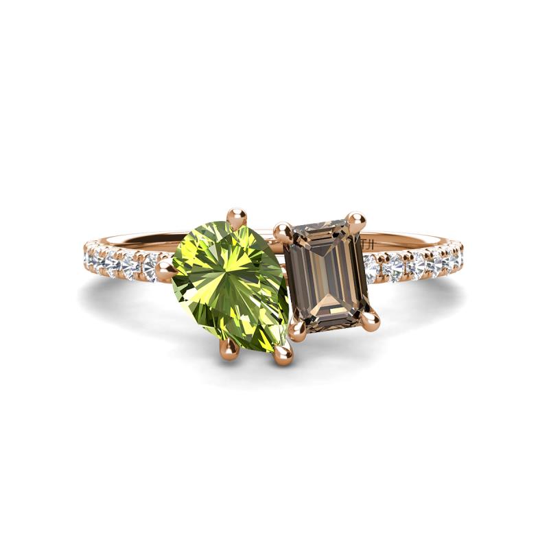 Zahara 9x6 mm Pear Peridot and 7x5 mm Emerald Cut Smoky Quartz 2 Stone Duo Ring 