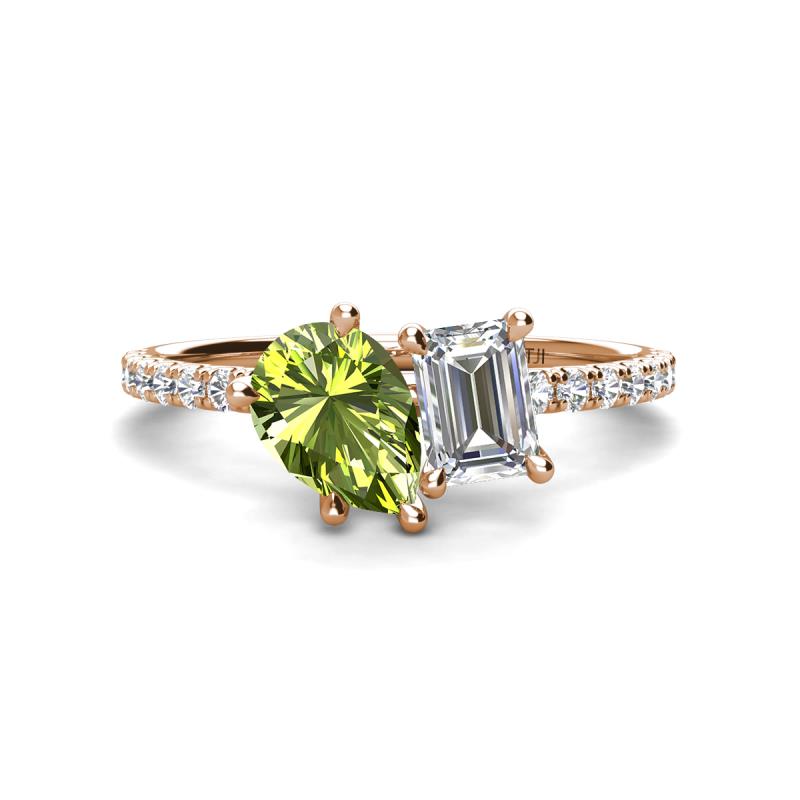 Zahara 9x6 mm Pear Peridot and 7x5 mm Emerald Cut Forever Brilliant Moissanite 2 Stone Duo Ring 