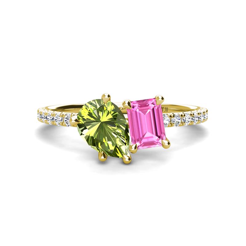 Zahara 9x6 mm Pear Peridot and 7x5 mm Emerald Cut Lab Created Pink Sapphire 2 Stone Duo Ring 