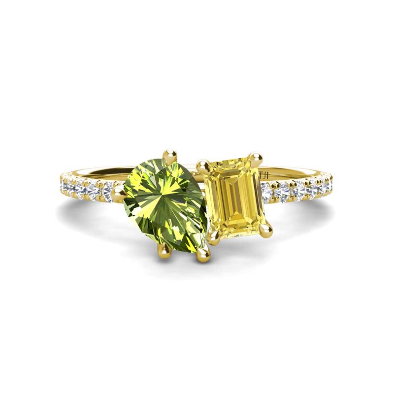 Zahara 9x6 mm Pear Peridot and 7x5 mm Emerald Cut Lab Created Yellow Sapphire 2 Stone Duo Ring 