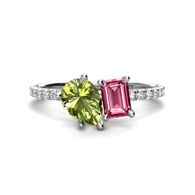 Zahara 9x6 mm Pear Peridot and 7x5 mm Emerald Cut Pink Tourmaline 2 Stone Duo Ring 