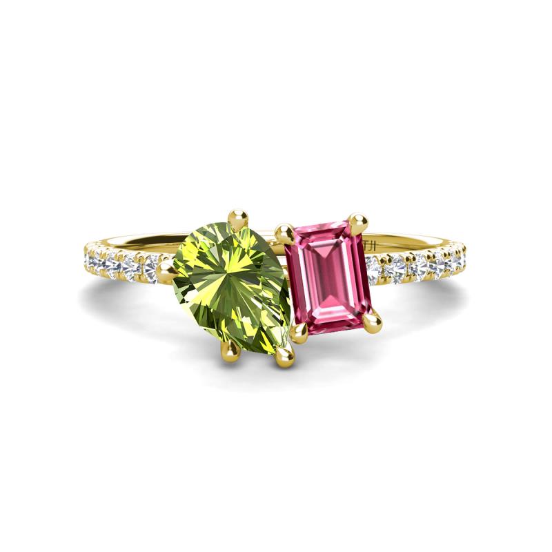 Zahara 9x6 mm Pear Peridot and 7x5 mm Emerald Cut Pink Tourmaline 2 Stone Duo Ring 