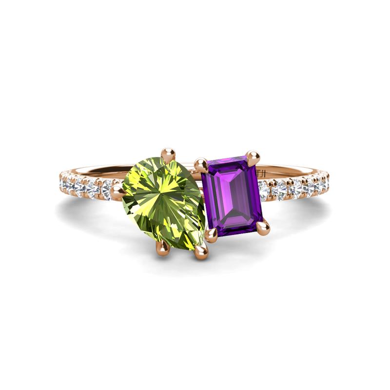 Zahara 9x6 mm Pear Peridot and 7x5 mm Emerald Cut Amethyst 2 Stone Duo Ring 