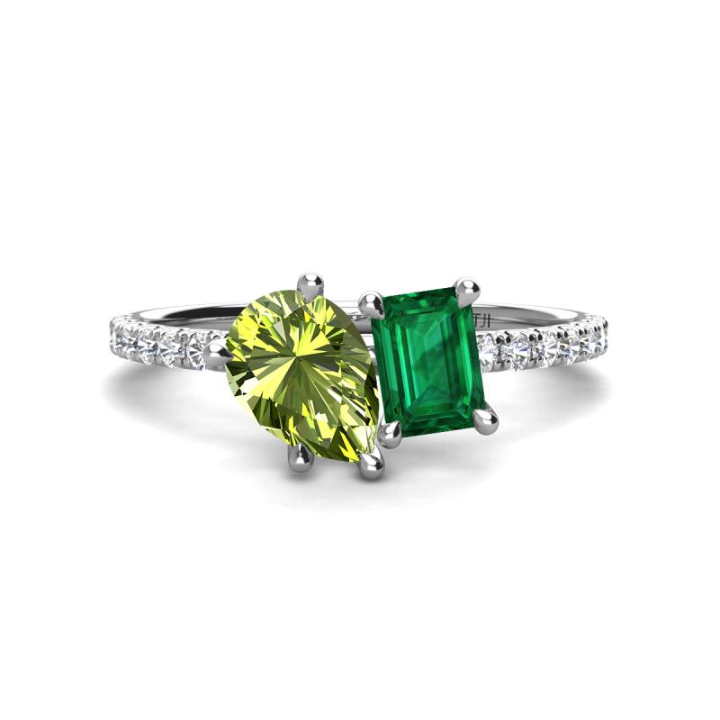 Zahara 9x6 mm Pear Peridot and 7x5 mm Emerald Cut Lab Created Emerald 2 Stone Duo Ring 