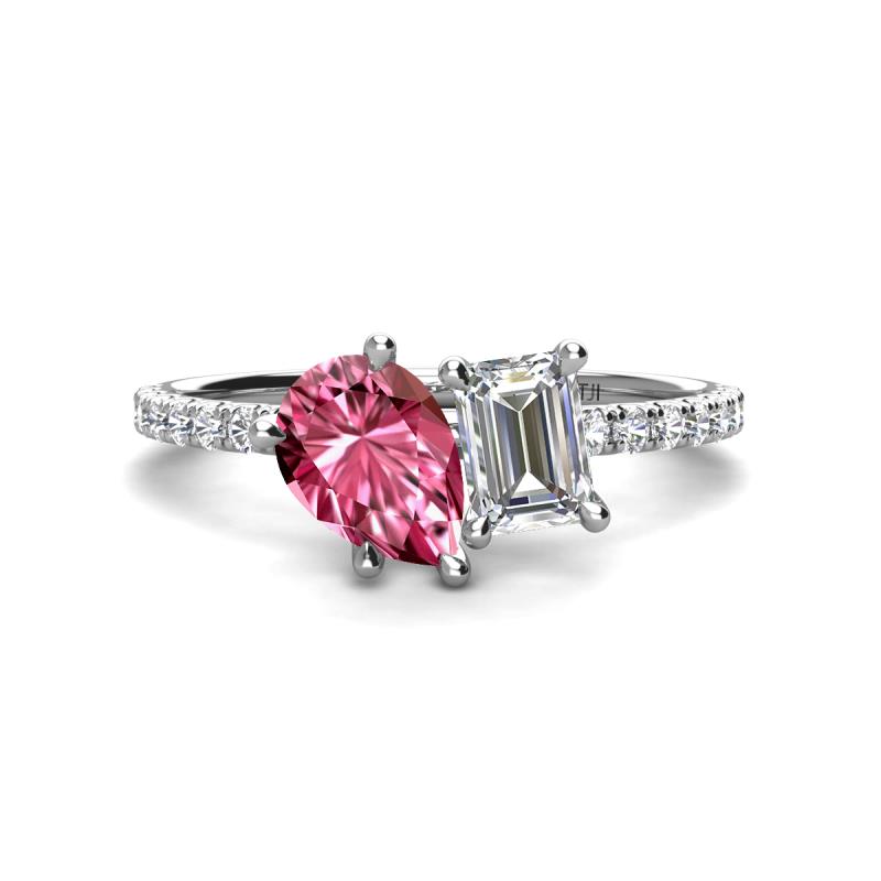 Zahara 9x6 mm Pear Pink Tourmaline and 7x5 mm Emerald Cut Forever Brilliant Moissanite 2 Stone Duo Ring 