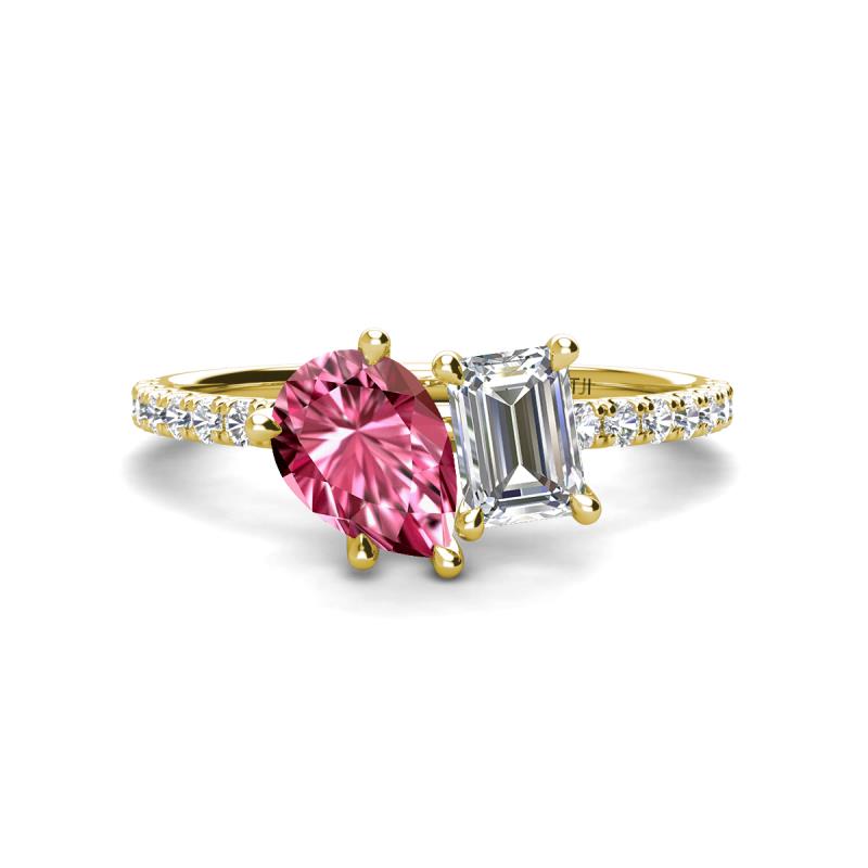 Zahara 9x6 mm Pear Pink Tourmaline and 7x5 mm Emerald Cut Forever Brilliant Moissanite 2 Stone Duo Ring 
