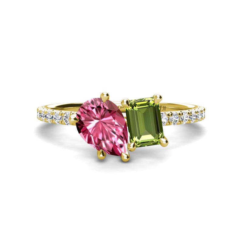 Zahara 9x6 mm Pear Pink Tourmaline and 7x5 mm Emerald Cut Peridot 2 Stone Duo Ring 