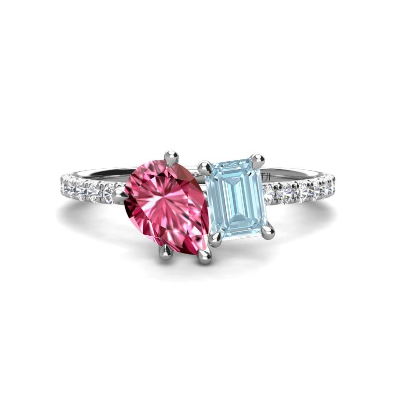 Zahara 9x6 mm Pear Pink Tourmaline and 7x5 mm Emerald Cut Aquamarine 2 Stone Duo Ring 