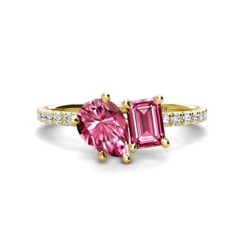 Zahara 9x6 mm Pear and Emerald Cut Pink Tourmaline 2 Stone Duo Ring 