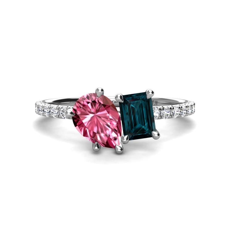 Zahara 9x6 mm Pear Pink Tourmaline and 7x5 mm Emerald Cut London Blue Topaz 2 Stone Duo Ring 