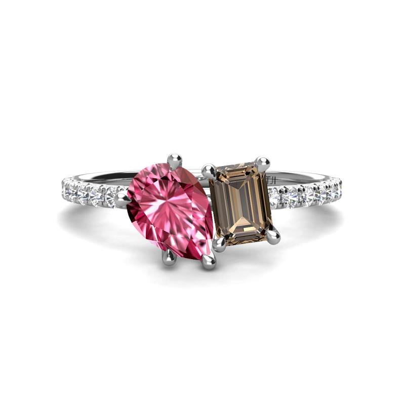 Zahara 9x6 mm Pear Pink Tourmaline and 7x5 mm Emerald Cut Smoky Quartz 2 Stone Duo Ring 