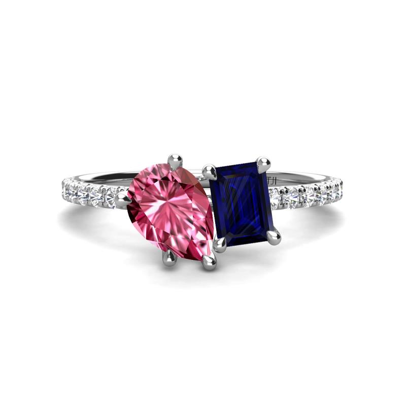 Zahara 9x6 mm Pear Pink Tourmaline and 7x5 mm Emerald Cut Lab Created Blue Sapphire 2 Stone Duo Ring 