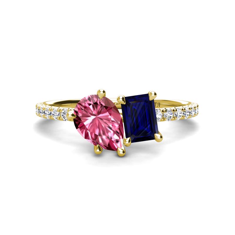 Zahara 9x6 mm Pear Pink Tourmaline and 7x5 mm Emerald Cut Lab Created Blue Sapphire 2 Stone Duo Ring 