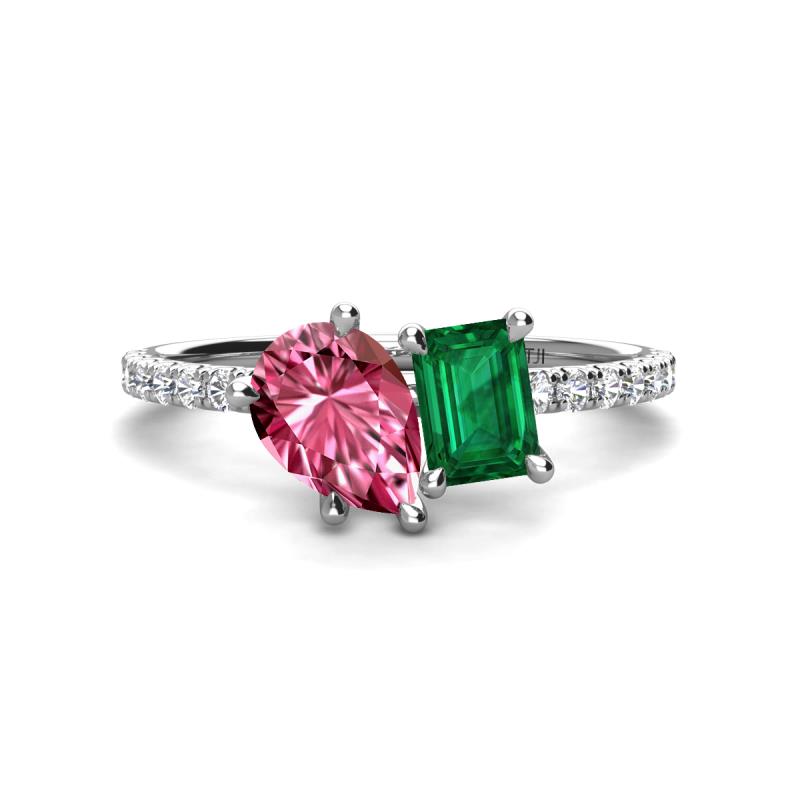 Zahara 9x6 mm Pear Pink Tourmaline and 7x5 mm Emerald Cut Lab Created Emerald 2 Stone Duo Ring 