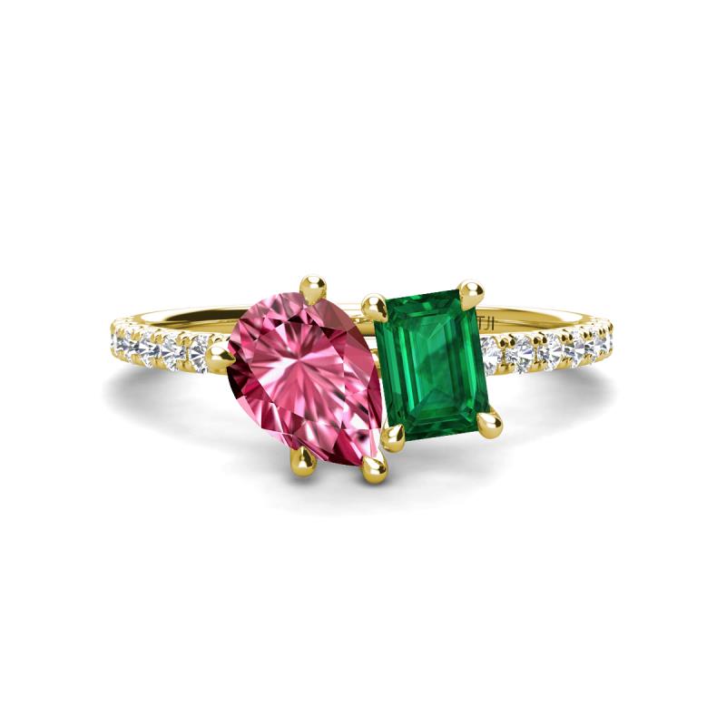 Zahara 9x6 mm Pear Pink Tourmaline and 7x5 mm Emerald Cut Lab Created Emerald 2 Stone Duo Ring 