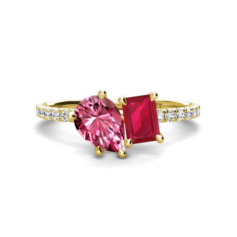 Zahara 9x6 mm Pear Pink Tourmaline and 7x5 mm Emerald Cut Lab Created Ruby 2 Stone Duo Ring 