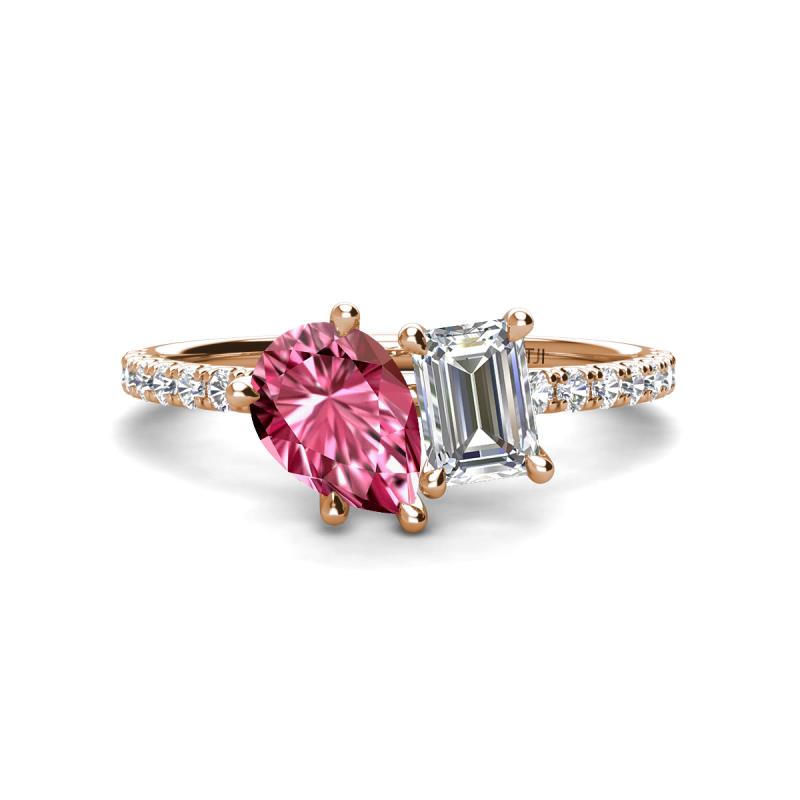 Zahara 9x6 mm Pear Pink Tourmaline and 7x5 mm Emerald Cut Forever One Moissanite 2 Stone Duo Ring 