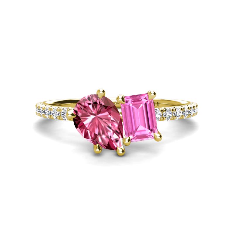Zahara 9x6 mm Pear Pink Tourmaline and 7x5 mm Emerald Cut Lab Created Pink Sapphire 2 Stone Duo Ring 