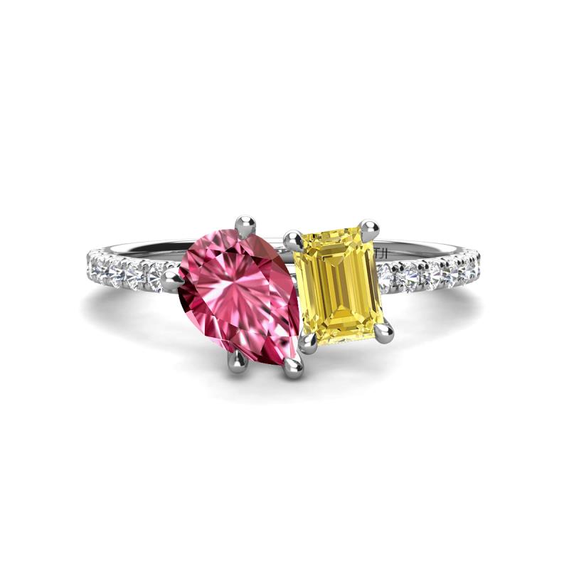 Zahara 9x6 mm Pear Pink Tourmaline and 7x5 mm Emerald Cut Lab Created Yellow Sapphire 2 Stone Duo Ring 