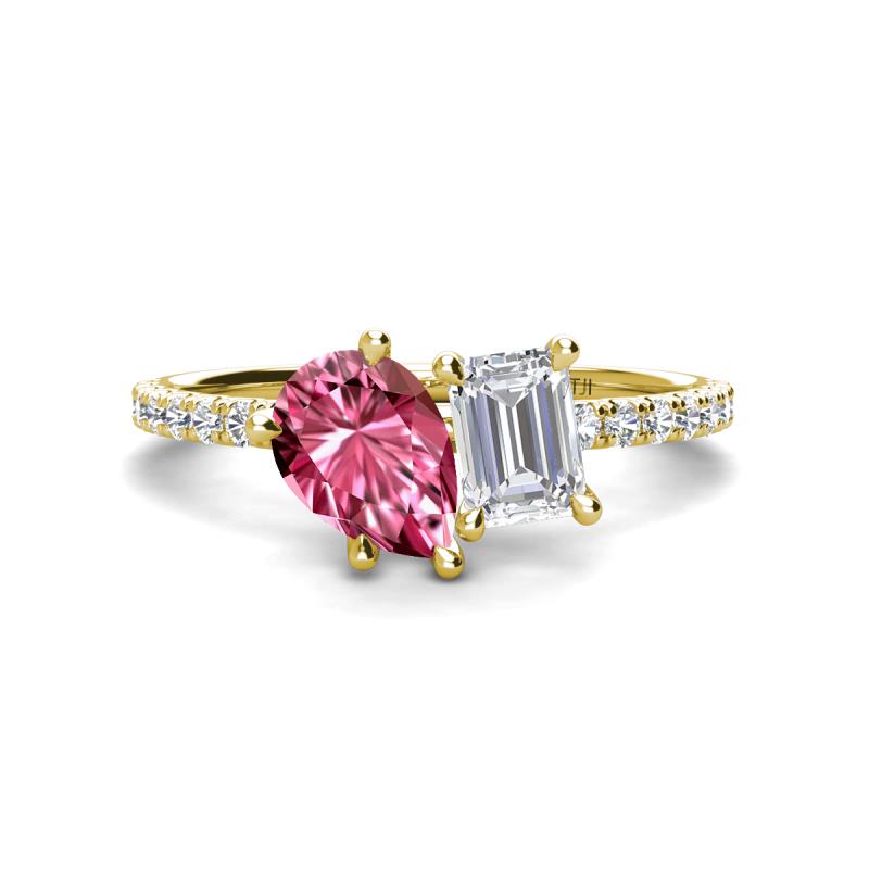 Zahara 9x6 mm Pear Pink Tourmaline and 7x5 mm Emerald Cut White Sapphire 2 Stone Duo Ring 