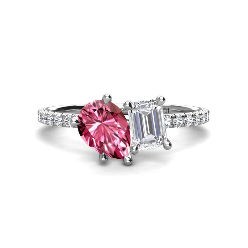 Zahara 9x6 mm Pear Pink Tourmaline and 7x5 mm Emerald Cut White Sapphire 2 Stone Duo Ring 