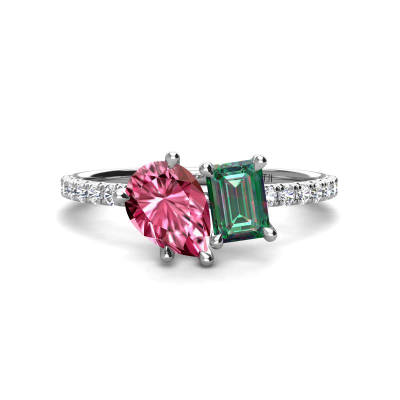 Zahara 9x6 mm Pear Pink Tourmaline and 7x5 mm Emerald Cut Lab Created Alexandrite 2 Stone Duo Ring 
