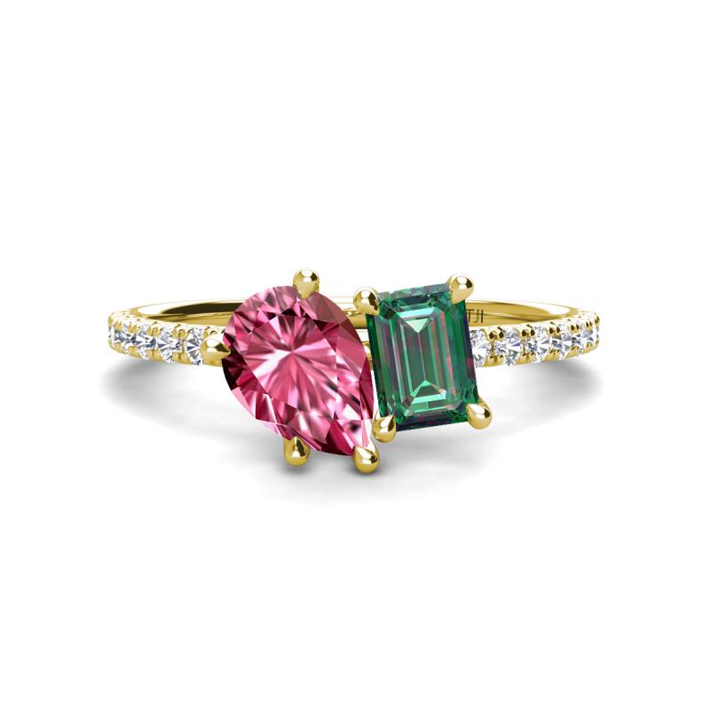 Zahara 9x6 mm Pear Pink Tourmaline and 7x5 mm Emerald Cut Lab Created Alexandrite 2 Stone Duo Ring 