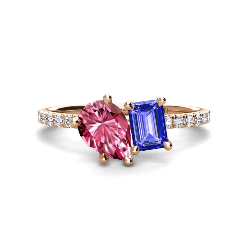 Zahara 9x6 mm Pear Pink Tourmaline and 7x5 mm Emerald Cut Tanzanite 2 Stone Duo Ring 