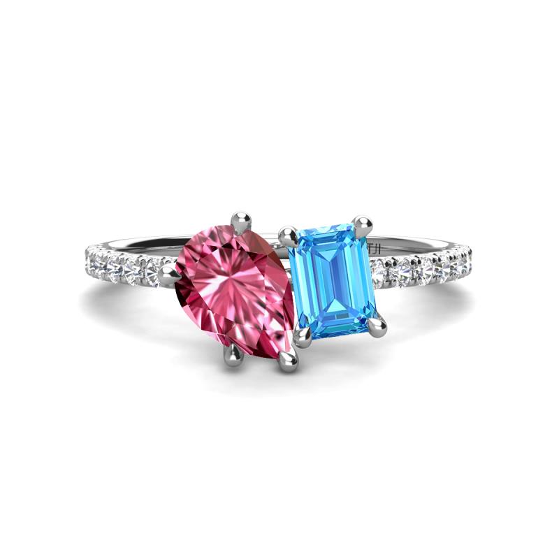 Zahara 9x6 mm Pear Pink Tourmaline and 7x5 mm Emerald Cut Blue Topaz 2 Stone Duo Ring 
