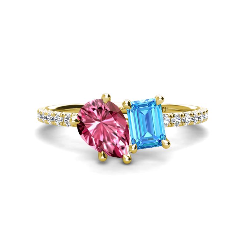 Zahara 9x6 mm Pear Pink Tourmaline and 7x5 mm Emerald Cut Blue Topaz 2 Stone Duo Ring 