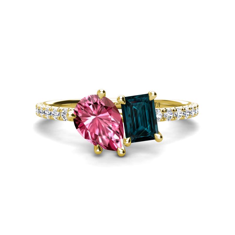 Zahara 9x6 mm Pear Pink Tourmaline and 7x5 mm Emerald Cut London Blue Topaz 2 Stone Duo Ring 