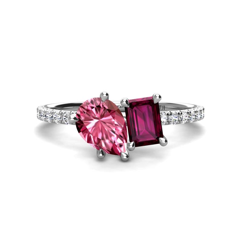 Zahara 9x6 mm Pear Pink Tourmaline and 7x5 mm Emerald Cut Rhodolite Garnet 2 Stone Duo Ring 