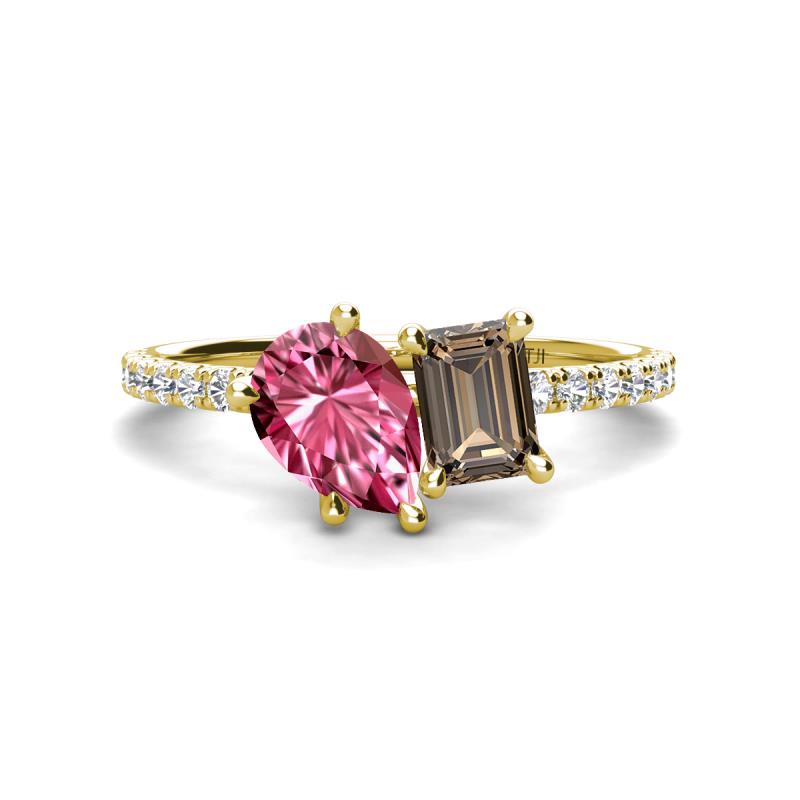 Zahara 9x6 mm Pear Pink Tourmaline and 7x5 mm Emerald Cut Smoky Quartz 2 Stone Duo Ring 