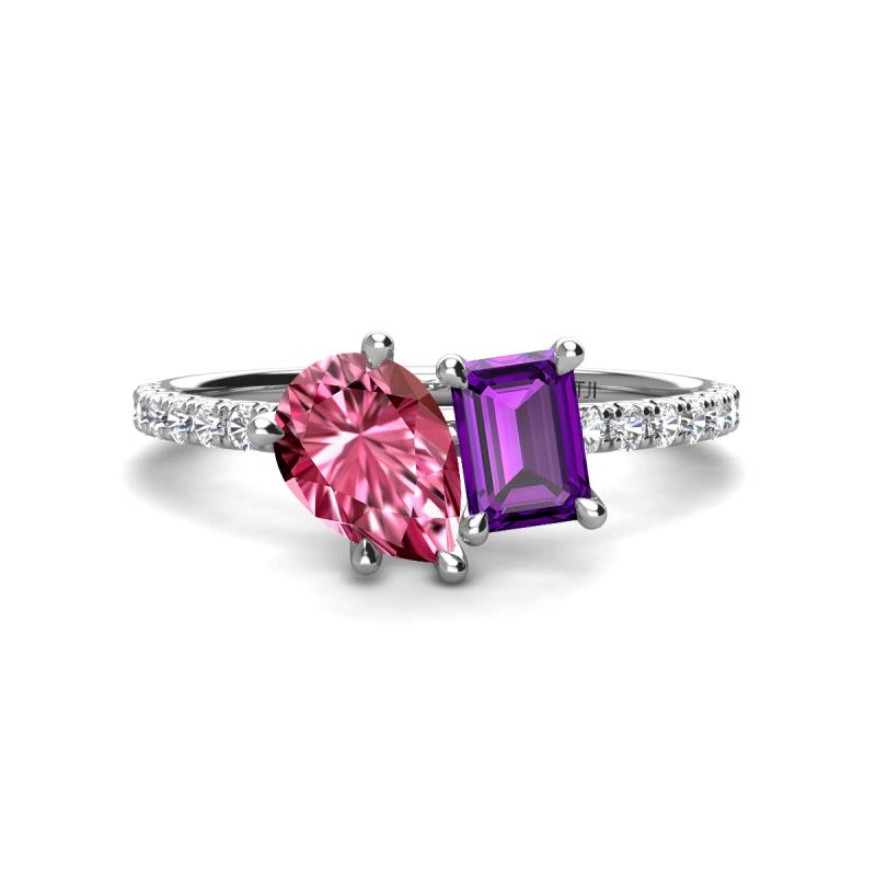 Zahara 9x6 mm Pear Pink Tourmaline and 7x5 mm Emerald Cut Amethyst 2 Stone Duo Ring 