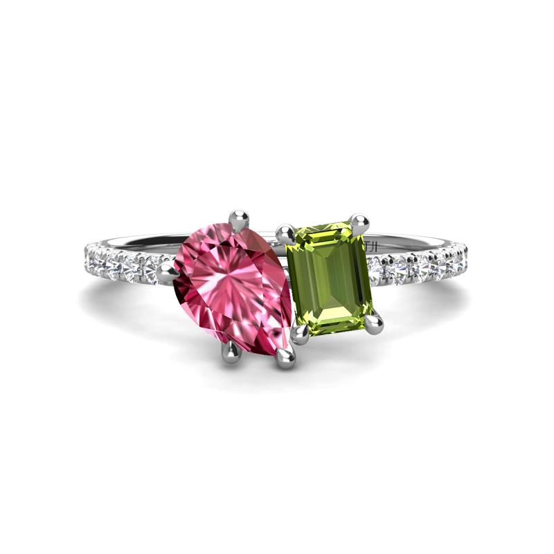 Zahara 9x6 mm Pear Pink Tourmaline and 7x5 mm Emerald Cut Peridot 2 Stone Duo Ring 