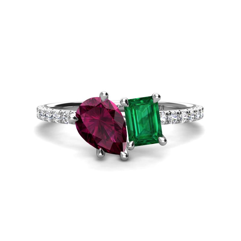 Zahara 9x6 mm Pear Rhodolite Garnet and 7x5 mm Emerald Cut Lab Created Emerald 2 Stone Duo Ring 