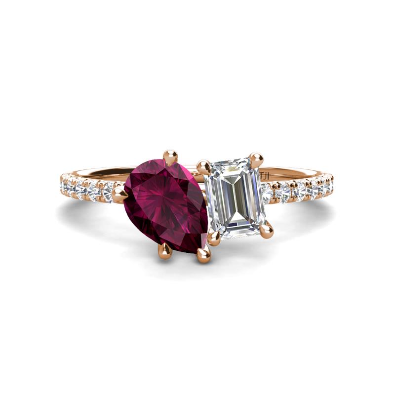 Zahara 9x6 mm Pear Rhodolite Garnet and IGI Certified 7x5 mm Emerald Cut Lab Grown Diamond 2 Stone Duo Ring 