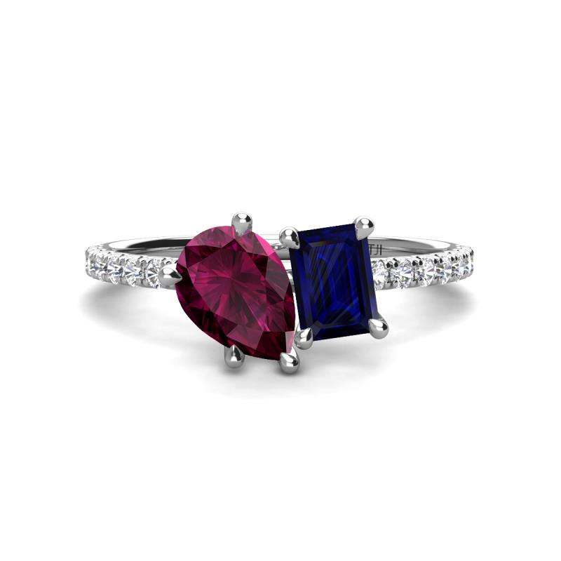 Zahara 9x6 mm Pear Rhodolite Garnet and 7x5 mm Emerald Cut Lab Created Blue Sapphire 2 Stone Duo Ring 