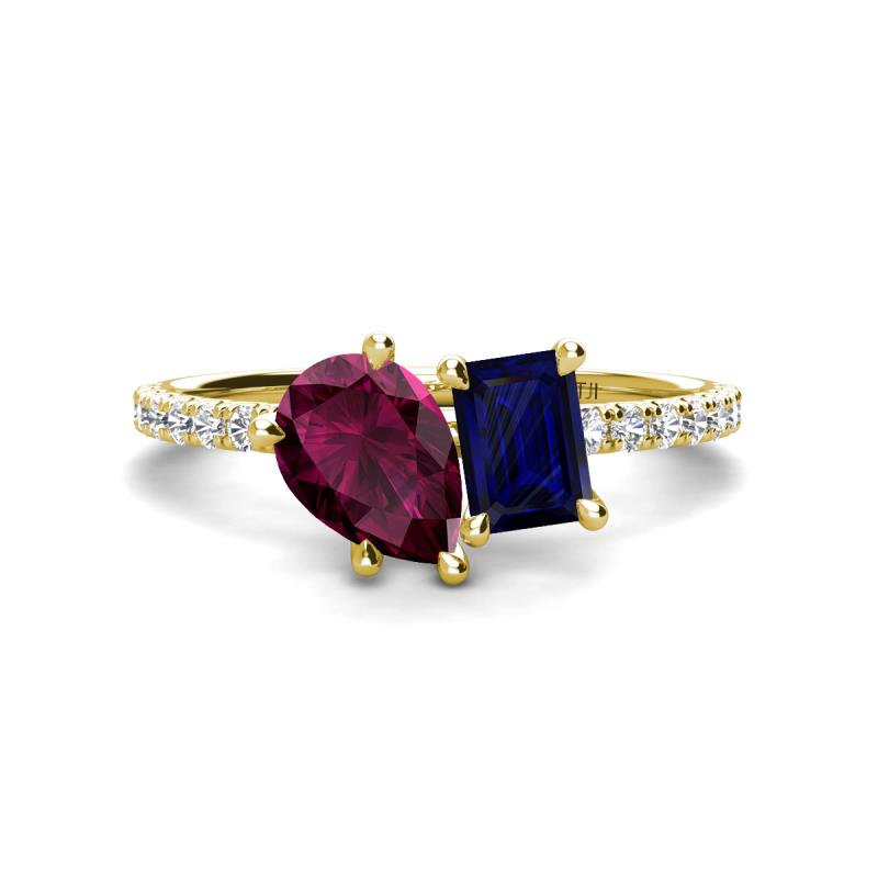 Zahara 9x6 mm Pear Rhodolite Garnet and 7x5 mm Emerald Cut Lab Created Blue Sapphire 2 Stone Duo Ring 