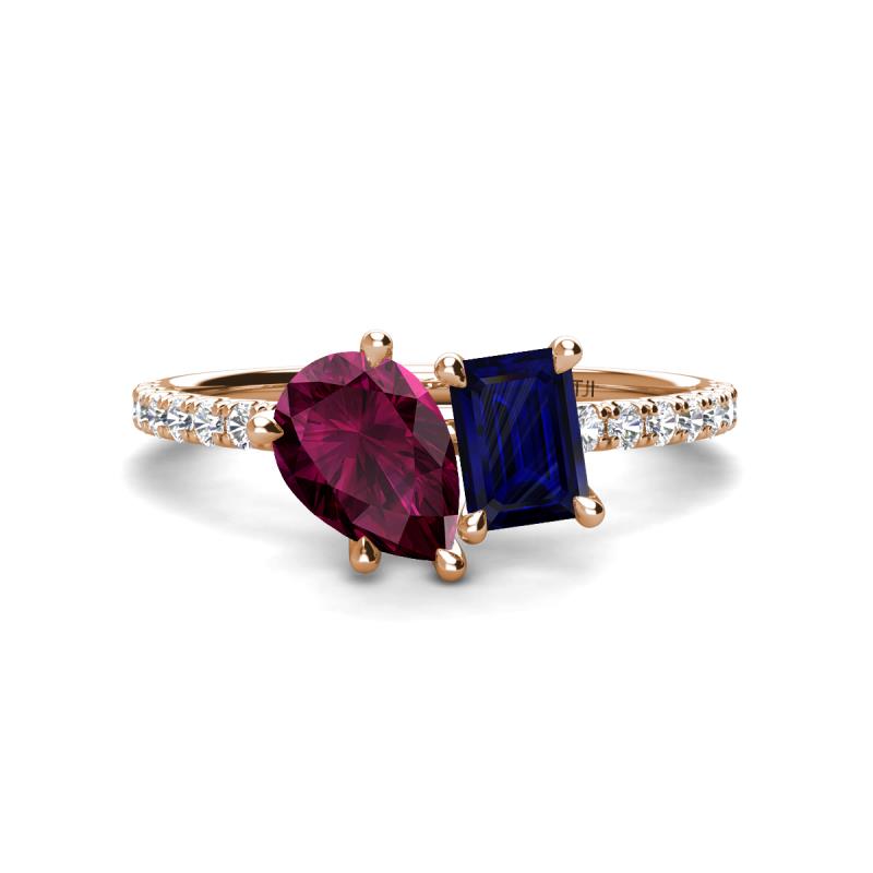 Zahara 9x6 mm Pear Rhodolite Garnet and 7x5 mm Emerald Cut Lab Created Blue Sapphire 2 Stone Duo Ring 