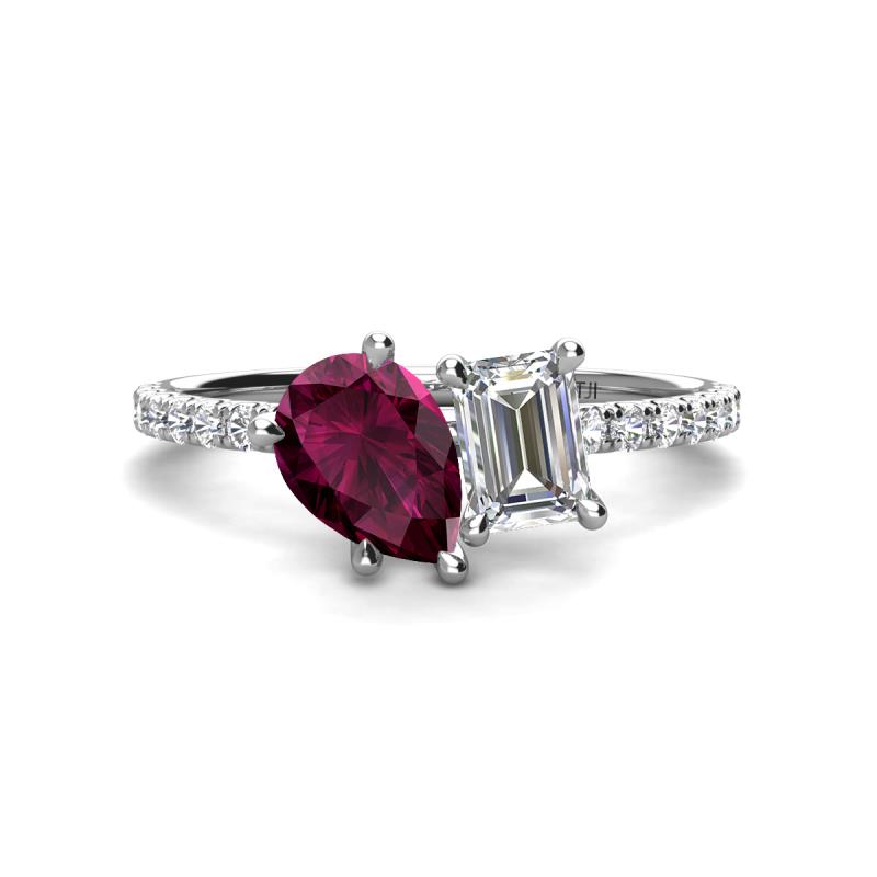 Zahara 9x6 mm Pear Rhodolite Garnet and 7x5 mm Emerald Cut Forever One Moissanite 2 Stone Duo Ring 