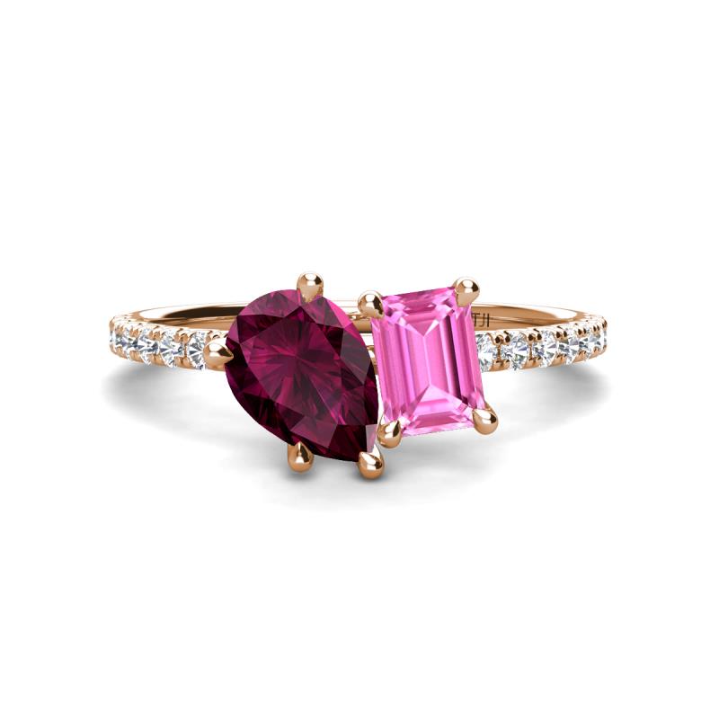 Zahara 9x6 mm Pear Rhodolite Garnet and 7x5 mm Emerald Cut Lab Created Pink Sapphire 2 Stone Duo Ring 