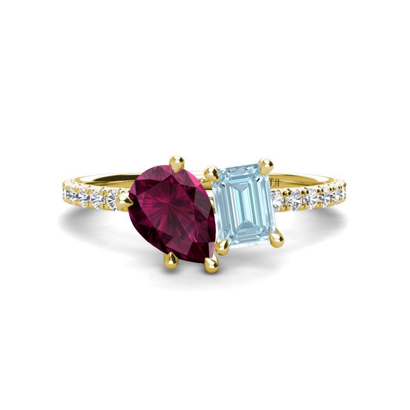 Zahara 9x6 mm Pear Rhodolite Garnet and 7x5 mm Emerald Cut Aquamarine 2 Stone Duo Ring 