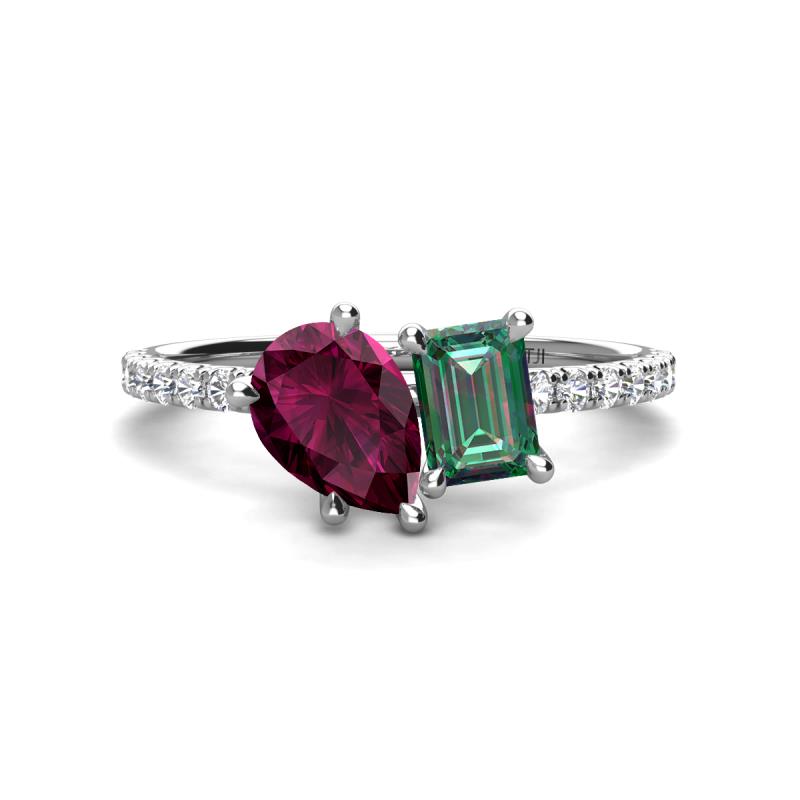 Zahara 9x6 mm Pear Rhodolite Garnet and 7x5 mm Emerald Cut Lab Created Alexandrite 2 Stone Duo Ring 