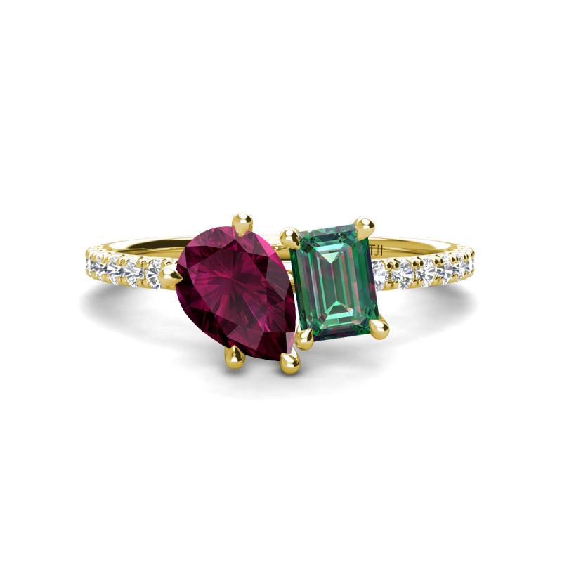 Zahara 9x6 mm Pear Rhodolite Garnet and 7x5 mm Emerald Cut Lab Created Alexandrite 2 Stone Duo Ring 